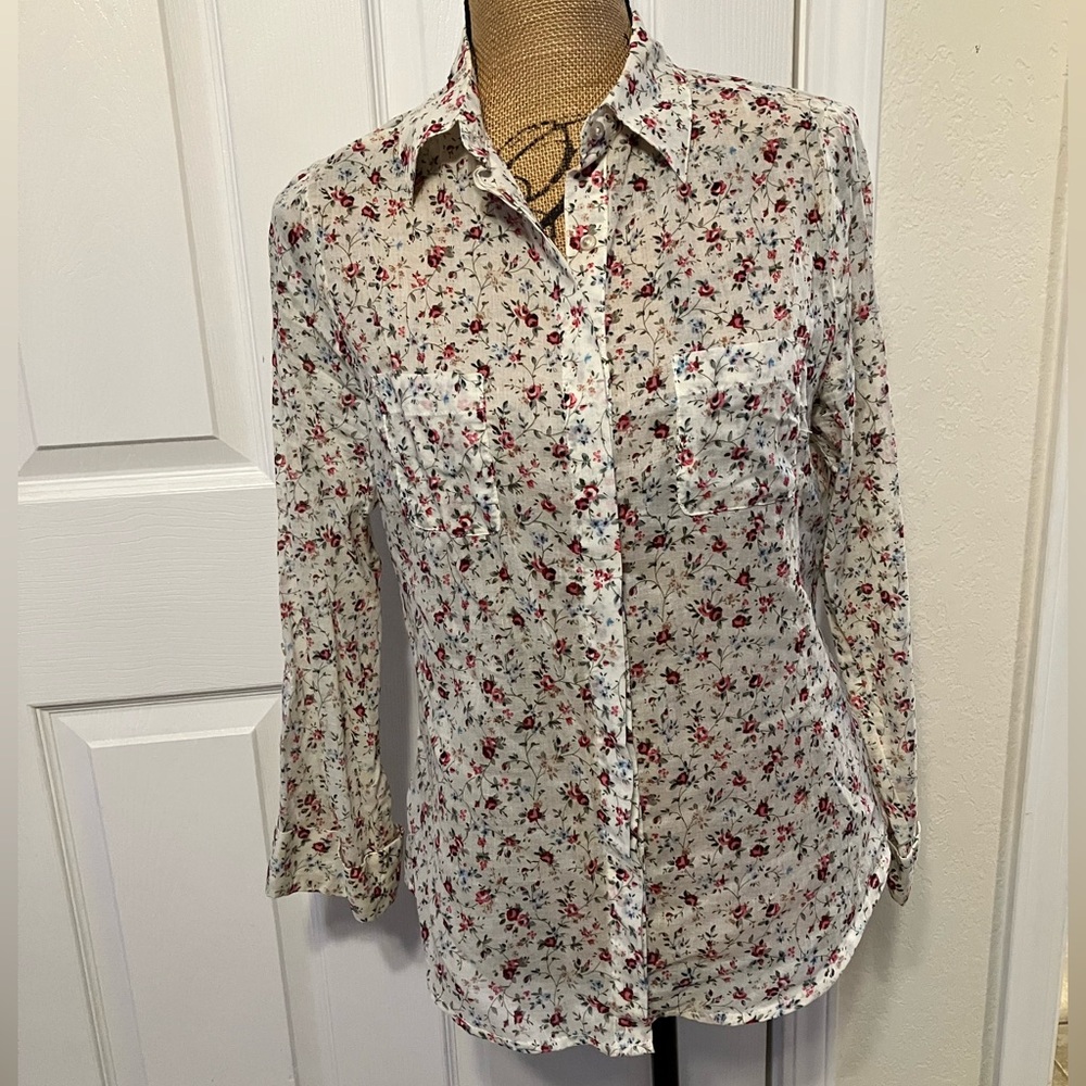 Mimi Chica rose ditsy Boho floral print cotton sheer button down shirt top M/L